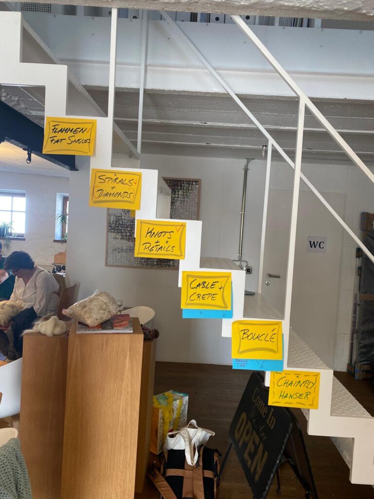 White staircase in a bright room with yellow sticky notes stuck to the steps, each with handwritten labels, forming a decorative display in a studio or gallery space.
